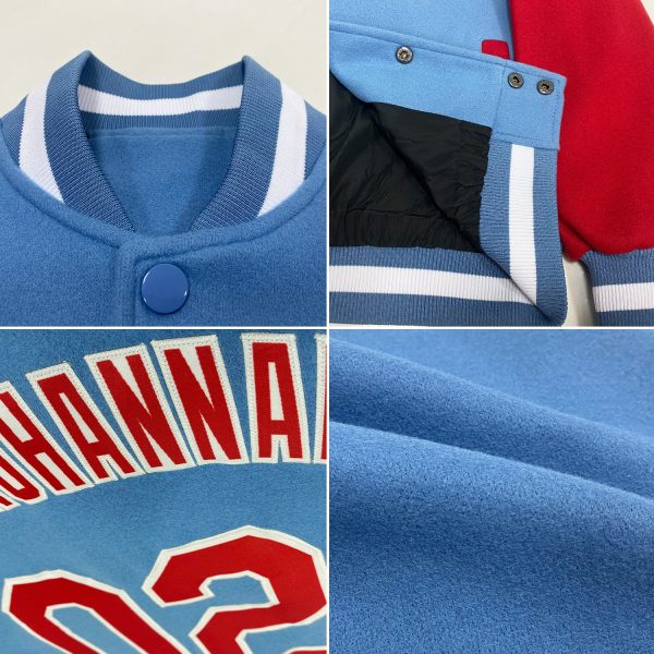 Custom Light Blue Red-White Bomber Full-Snap Varsity Letterman Two Tone Jacket - Image 2