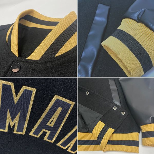 Custom Black Black-Old Gold Bomber Full-Snap Varsity Letterman Jacket - Image 2