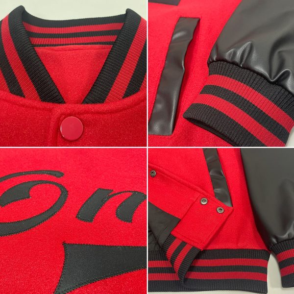 Custom Red Black Bomber Full-Snap Varsity Letterman Two Tone Jacket - Image 2