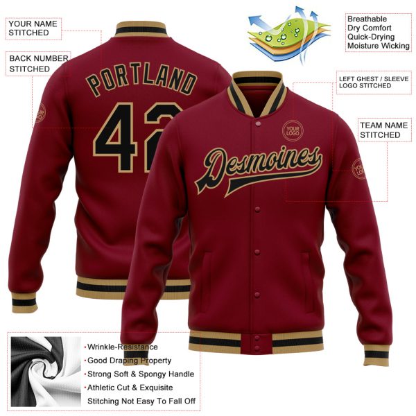 Custom Crimson Black-Old Gold Bomber Full-Snap Varsity Letterman Jacket - Image 3