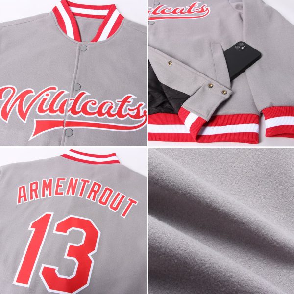 Custom Gray Red-White Bomber Full-Snap Varsity Letterman Jacket - Image 2