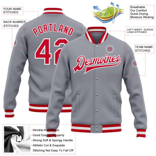 Custom Gray Red-White Bomber Full-Snap Varsity Letterman Jacket - Image 3