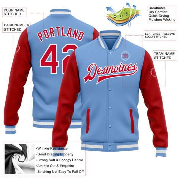 Custom Light Blue Red-White Bomber Full-Snap Varsity Letterman Two Tone Jacket - Image 3