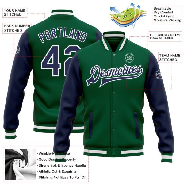 Custom Kelly Green Navy-White Bomber Full-Snap Varsity Letterman Two Tone Jacket - Image 3