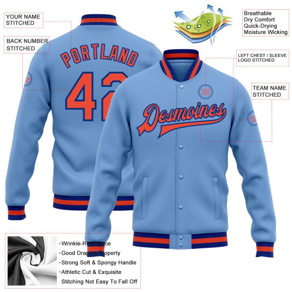 Custom Light Blue Orange-Royal Bomber Full-Snap Varsity Letterman Jacket - Image 3