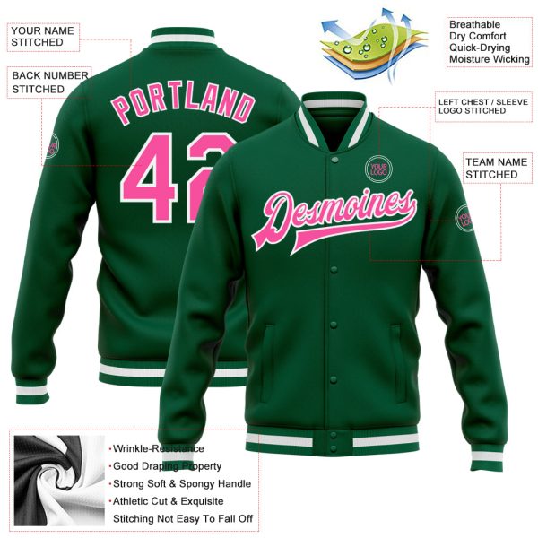 Custom Kelly Green Pink-White Bomber Full-Snap Varsity Letterman Jacket - Image 3