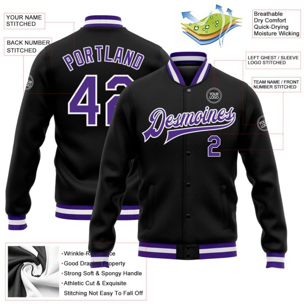 Custom Black Purple-White Bomber Full-Snap Varsity Letterman Jacket - Image 3