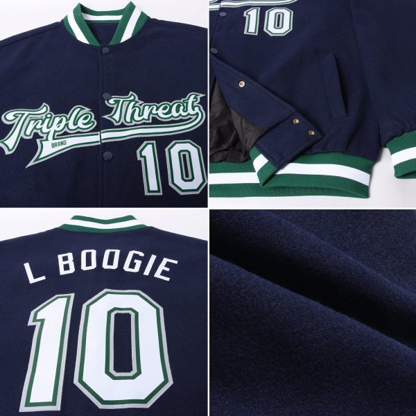 Custom Navy White Kelly Green-Gray Bomber Full-Snap Varsity Letterman Jacket - Image 2