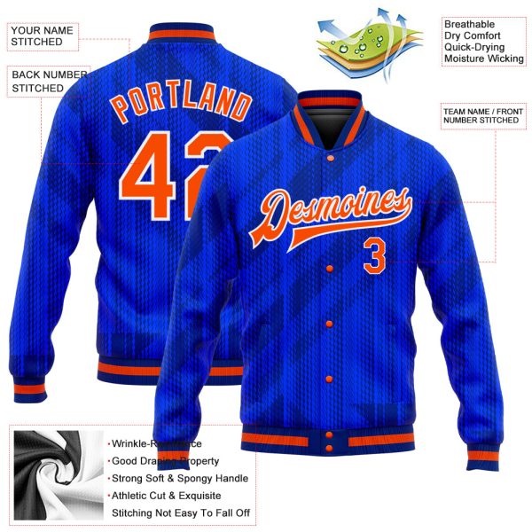 Custom Royal Orange-Navy 3D Pattern Design Bomber Full-Snap Varsity Letterman Jacket - Image 3