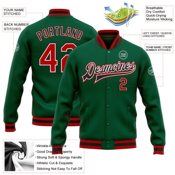 Custom Kelly Green Red-Black Bomber Full-Snap Varsity Letterman Jacket - Image 3
