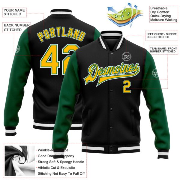 Custom Black Gold-Kelly Green Bomber Full-Snap Varsity Letterman Two Tone Jacket - Image 3