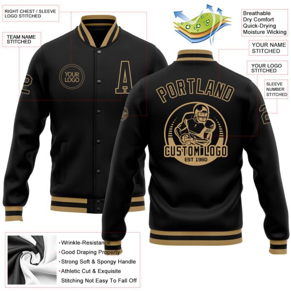 Custom Black Black-Old Gold Bomber Full-Snap Varsity Letterman Jacket - Image 3
