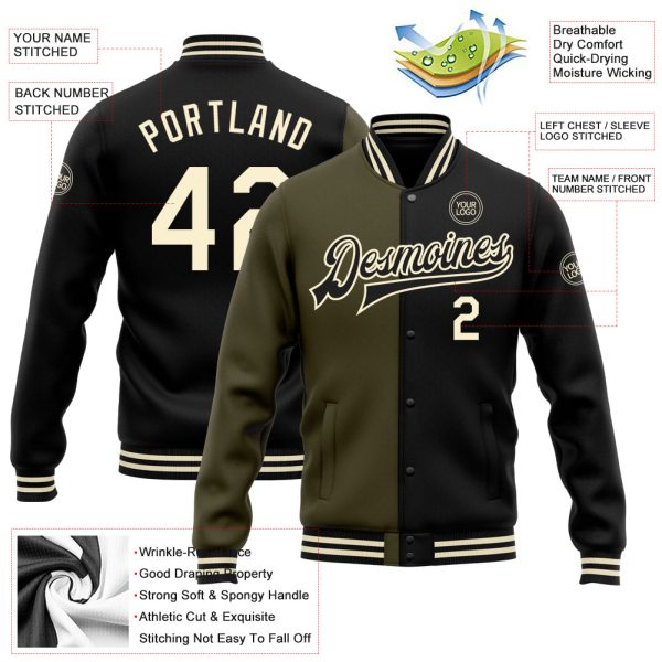 Custom Black Cream-Olive Bomber Full-Snap Varsity Letterman Split Fashion Jacket - Image 3