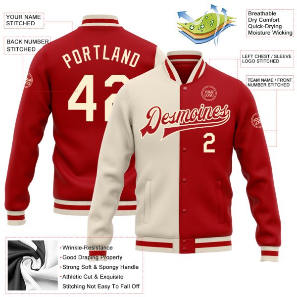 Custom Red Cream Bomber Full-Snap Varsity Letterman Split Fashion Jacket - Image 3