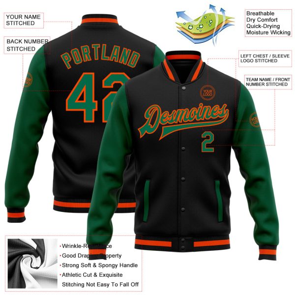 Custom Black Kelly Green-Orange Bomber Full-Snap Varsity Letterman Two Tone Jacket - Image 3