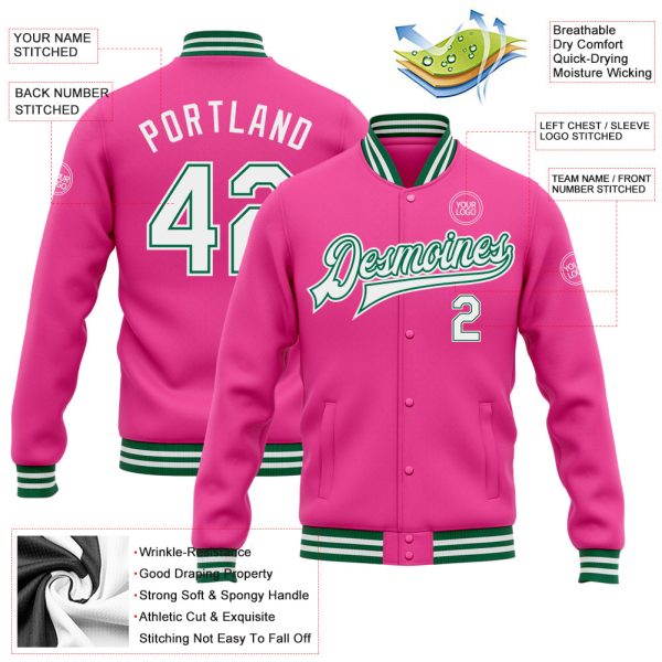 Custom Pink White-Kelly Green Bomber Full-Snap Varsity Letterman Jacket - Image 3