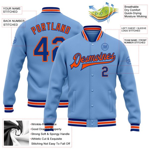 Custom Light Blue Royal-Orange Bomber Full-Snap Varsity Letterman Jacket - Image 3