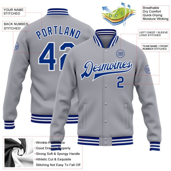 Custom Gray Royal-White Bomber Full-Snap Varsity Letterman Jacket - Image 3