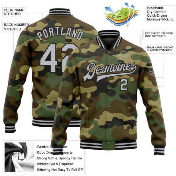 Custom Camo Gray-Black Bomber Full-Snap Varsity Letterman Salute To Service Jacket - Image 3