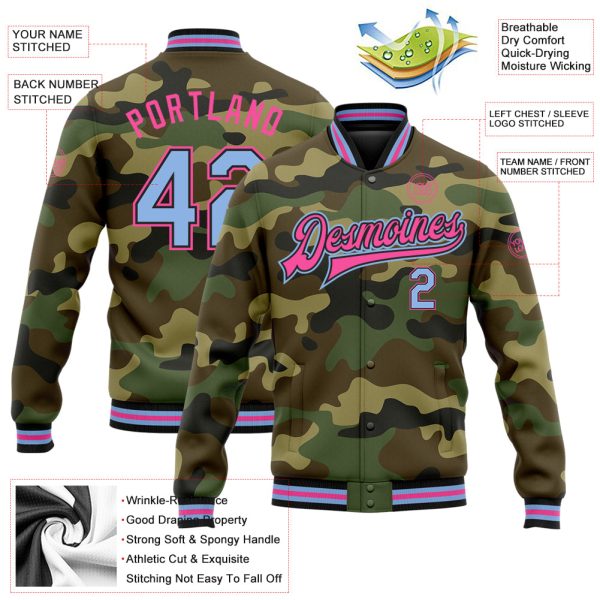 Custom Camo Light Blue Black-Pink Bomber Full-Snap Varsity Letterman Salute To Service Jacket - Image 3