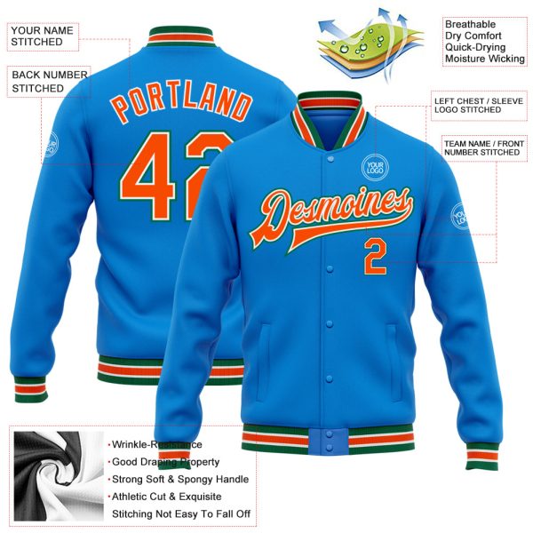 Custom Powder Blue Orange-Kelly Green Bomber Full-Snap Varsity Letterman Jacket - Image 3
