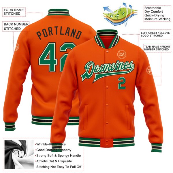 Custom Orange Kelly Green Cream-Black Bomber Full-Snap Varsity Letterman Jacket - Image 3