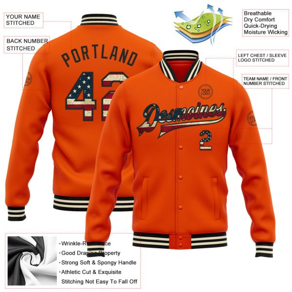 Custom Orange Vintage USA Flag Black-Cream Bomber Full-Snap Varsity Letterman Jacket - Image 3