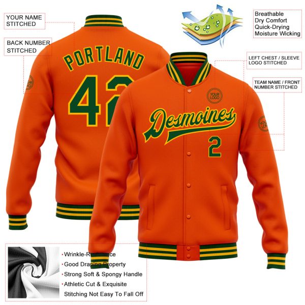 Custom Orange Green-Gold Bomber Full-Snap Varsity Letterman Jacket - Image 3