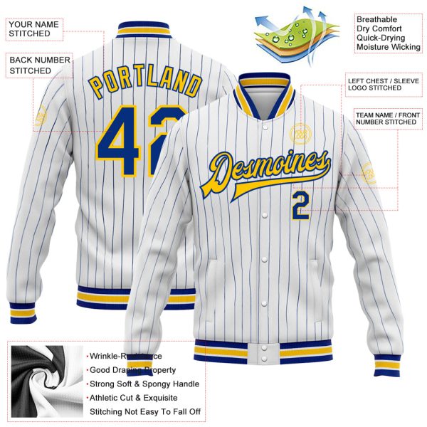 Custom White Royal Pinstripe Yellow Bomber Full-Snap Varsity Letterman Jacket - Image 3