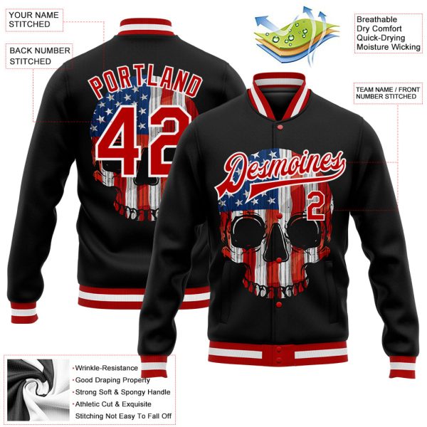 Custom Black Red-White Skull With American Flag 3D Bomber Full-Snap Varsity Letterman Jacket - Image 3