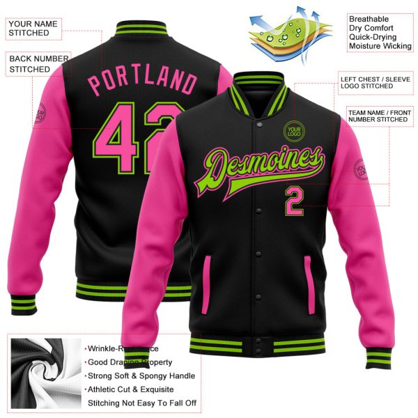 Custom Black Pink-Neon Green Bomber Full-Snap Varsity Letterman Two Tone Jacket - Image 3
