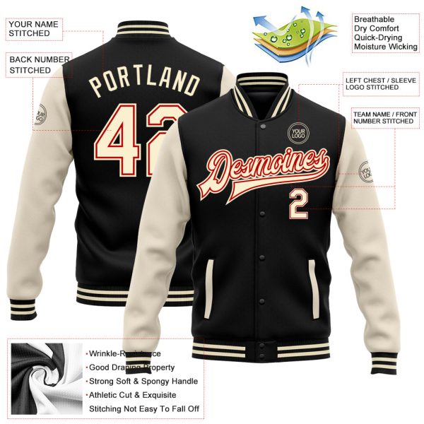 Custom Black Cream-Red Bomber Full-Snap Varsity Letterman Two Tone Jacket - Image 3