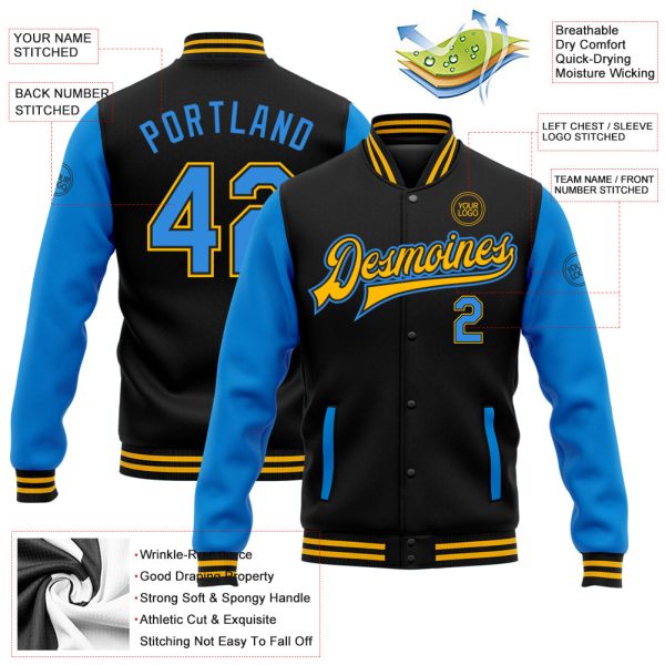 Custom Black Powder Blue-Gold Bomber Full-Snap Varsity Letterman Two Tone Jacket - Image 3