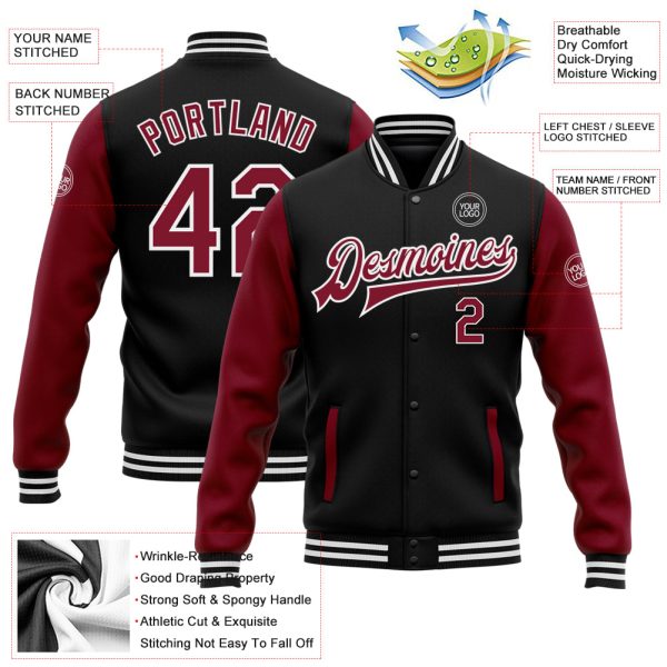 Custom Black Crimson-White Bomber Full-Snap Varsity Letterman Two Tone Jacket - Image 3