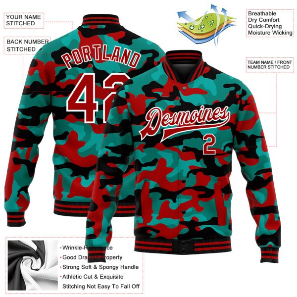 Custom Camo Red-White Fluorescent Camouflage 3D Bomber Full-Snap Varsity Letterman Salute To Service Jacket - Image 3