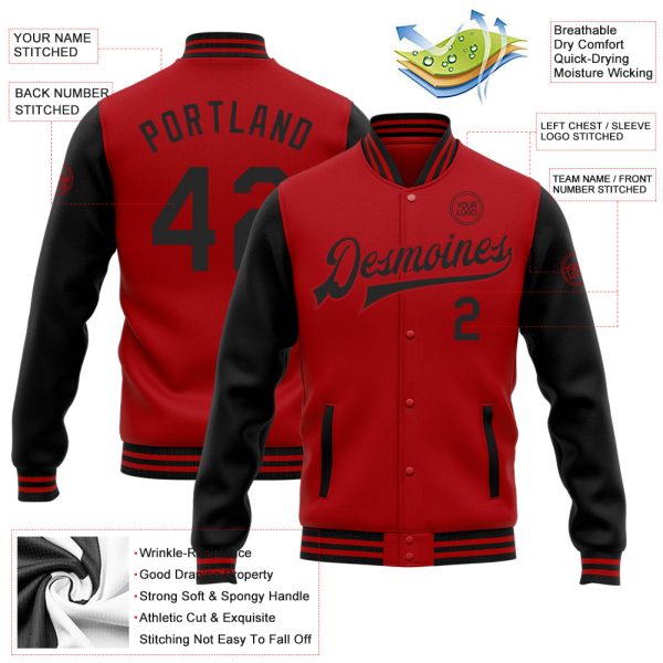 Custom Red Black Bomber Full-Snap Varsity Letterman Two Tone Jacket - Image 3