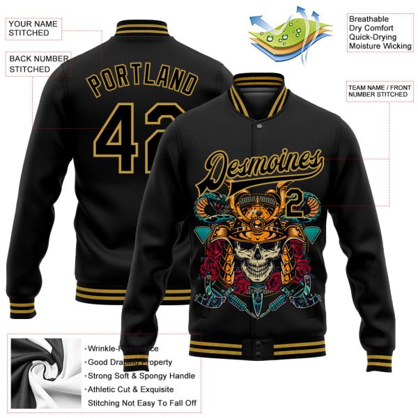 Custom Black Old Gold Skull Fashion 3D Bomber Full-Snap Varsity Letterman Jacket - Image 3