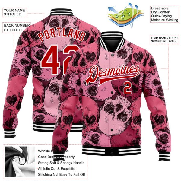 Custom Pink Red-White Skull With Heart Shaped Eyes 3D Bomber Full-Snap Varsity Letterman Jacket - Image 3