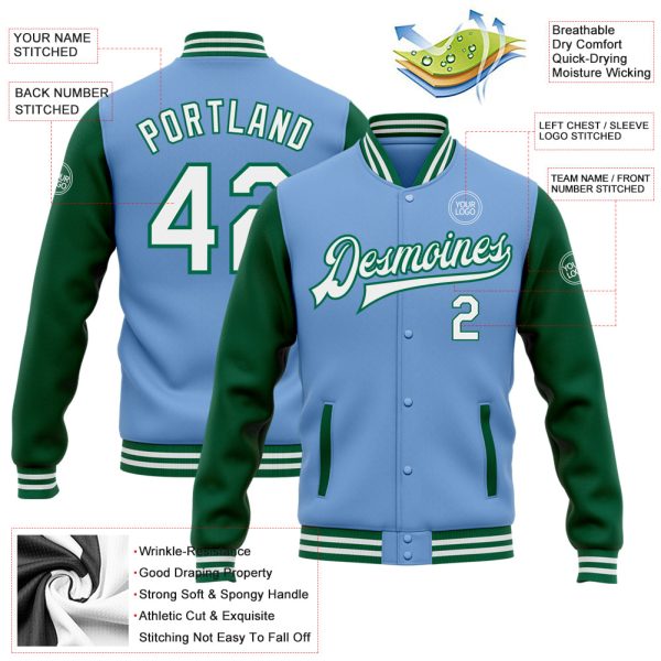 Custom Light Blue White-Kelly Green Bomber Full-Snap Varsity Letterman Two Tone Jacket - Image 3