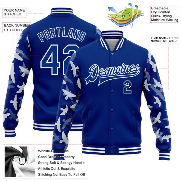 Custom Royal White Flying Bird Sleeves 3D Pattern Design Bomber Full-Snap Varsity Letterman Jacket - Image 3