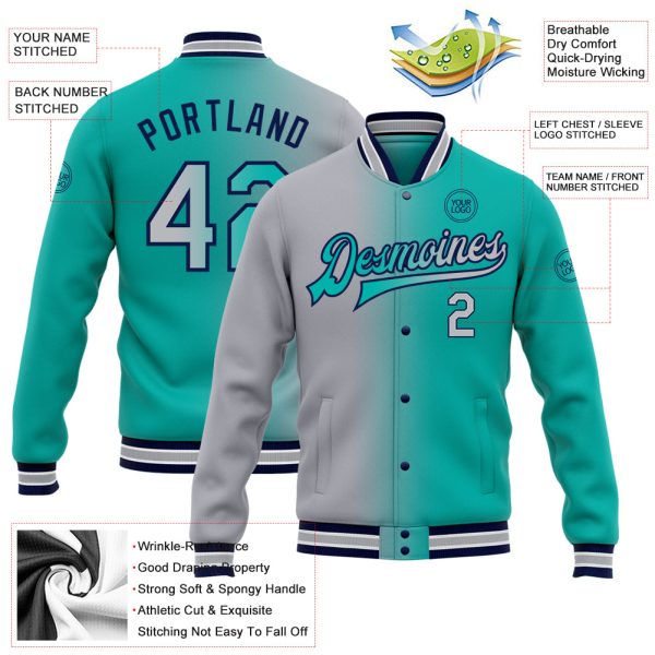 Custom Aqua Gray-Navy Bomber Full-Snap Varsity Letterman Gradient Fashion Jacket - Image 3