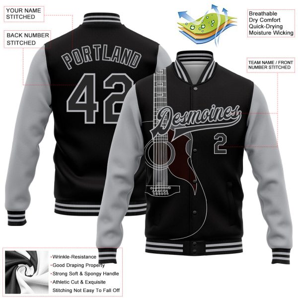 Custom Black Gray Guitar Music Festival 3D Pattern Design Bomber Full-Snap Varsity Letterman Jacket - Image 3