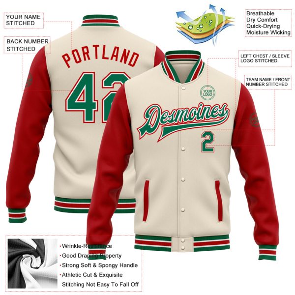 Custom Cream Kelly Green-Red Bomber Full-Snap Varsity Letterman Two Tone Jacket - Image 3