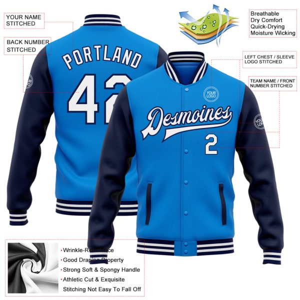 Custom Powder Blue White-Navy Bomber Full-Snap Varsity Letterman Two Tone Jacket - Image 3