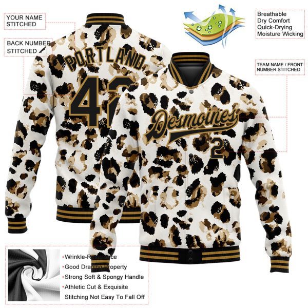 Custom White Black-Old Gold Leopard Print 3D Pattern Design Bomber Full-Snap Varsity Letterman Jacket - Image 3
