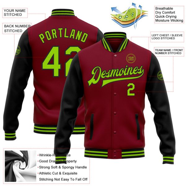 Custom Crimson Neon Green-Black Bomber Full-Snap Varsity Letterman Two Tone Jacket - Image 3