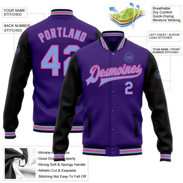 Custom Purple Light Blue Black-Pink Bomber Full-Snap Varsity Letterman Two Tone Jacket - Image 3
