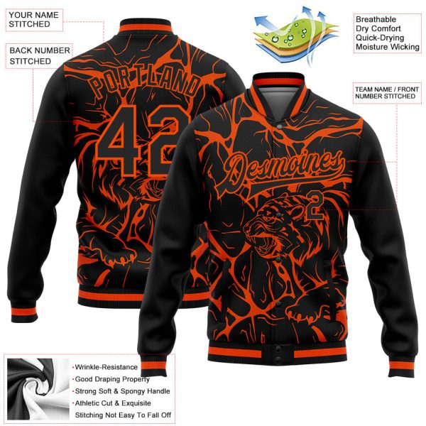 Custom Black Orange Abstract Network And Tiger 3D Pattern Design Bomber Full-Snap Varsity Letterman Jacket - Image 3
