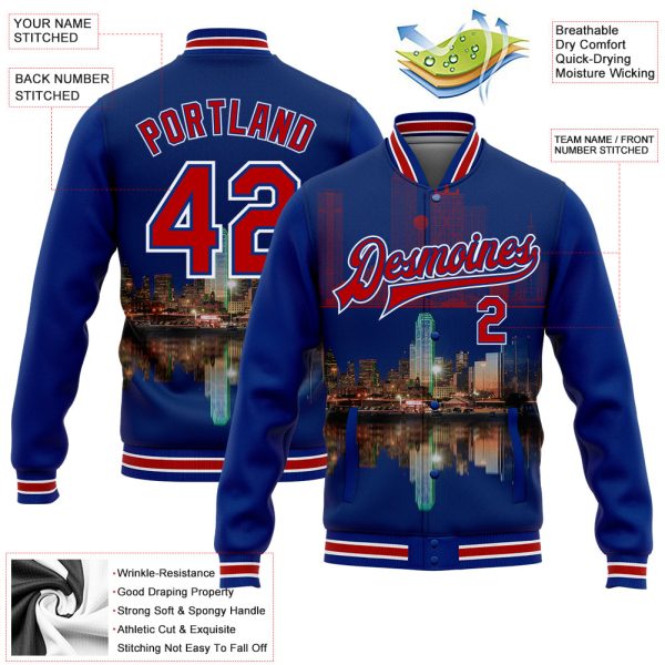 Custom Royal Red-White Dallas Texas City Edition 3D Bomber Full-Snap Varsity Letterman Jacket - Image 3