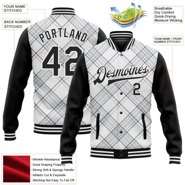Custom White Black Check Board 3D Pattern Design Bomber Full-Snap Varsity Letterman Jacket - Image 5